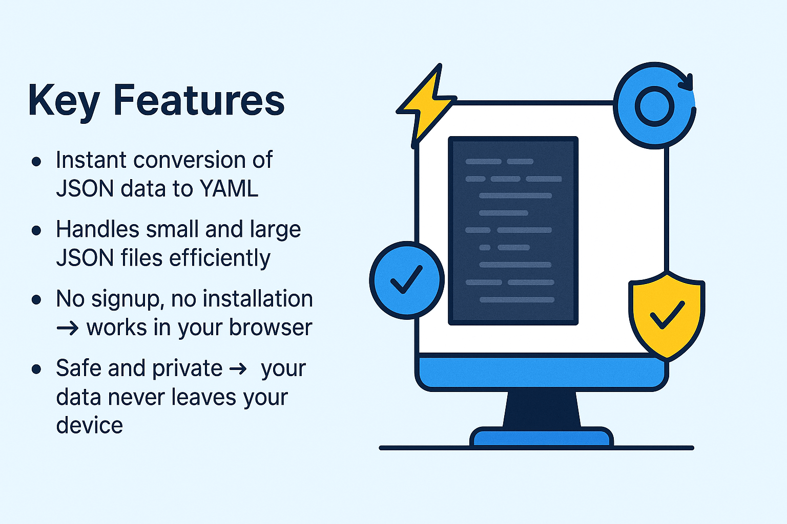 Features of JSON to YAML converter Features of JSON to YAML converter